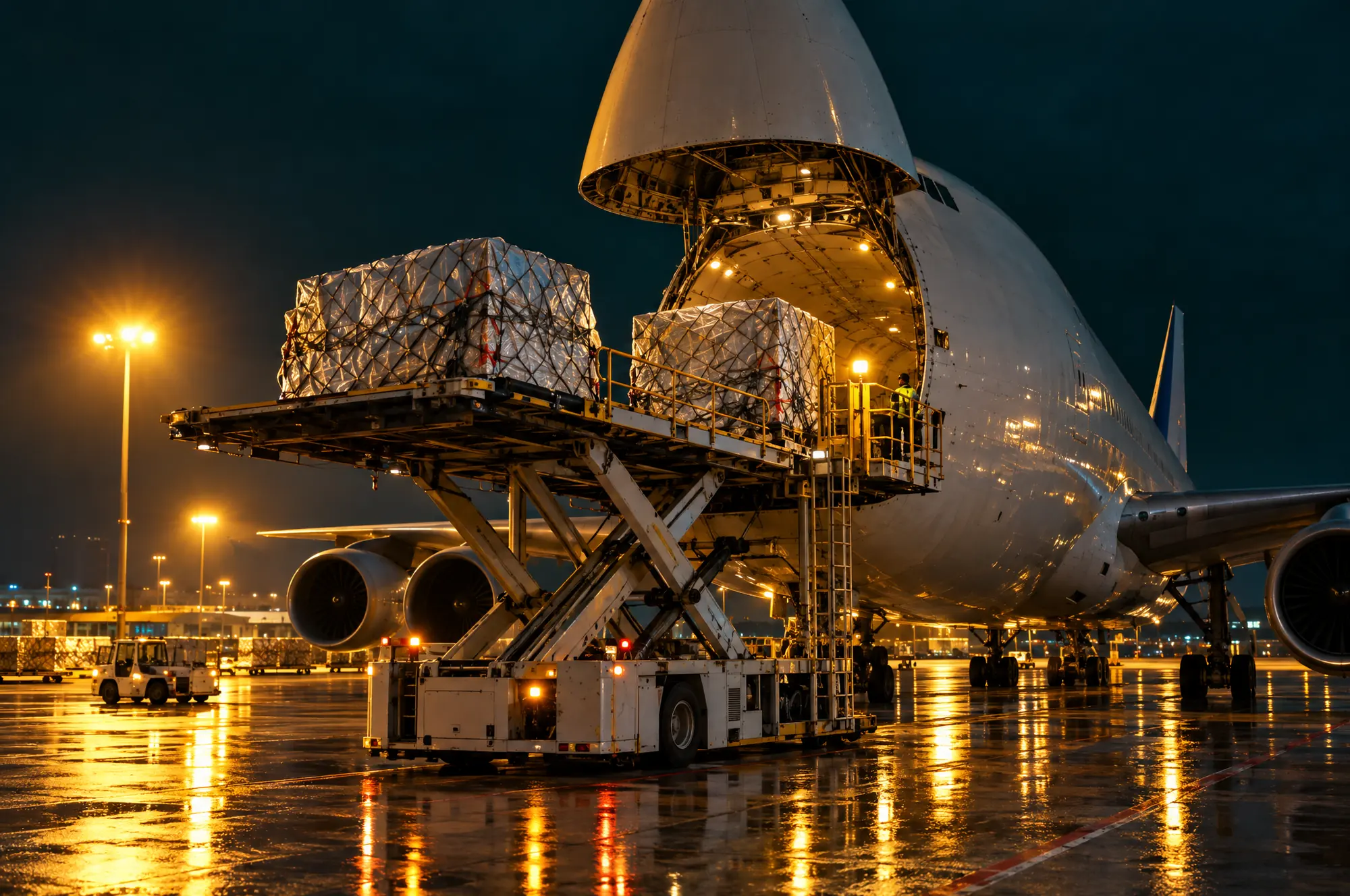 Cargo pallets being loaded into a freighter aircraft at night