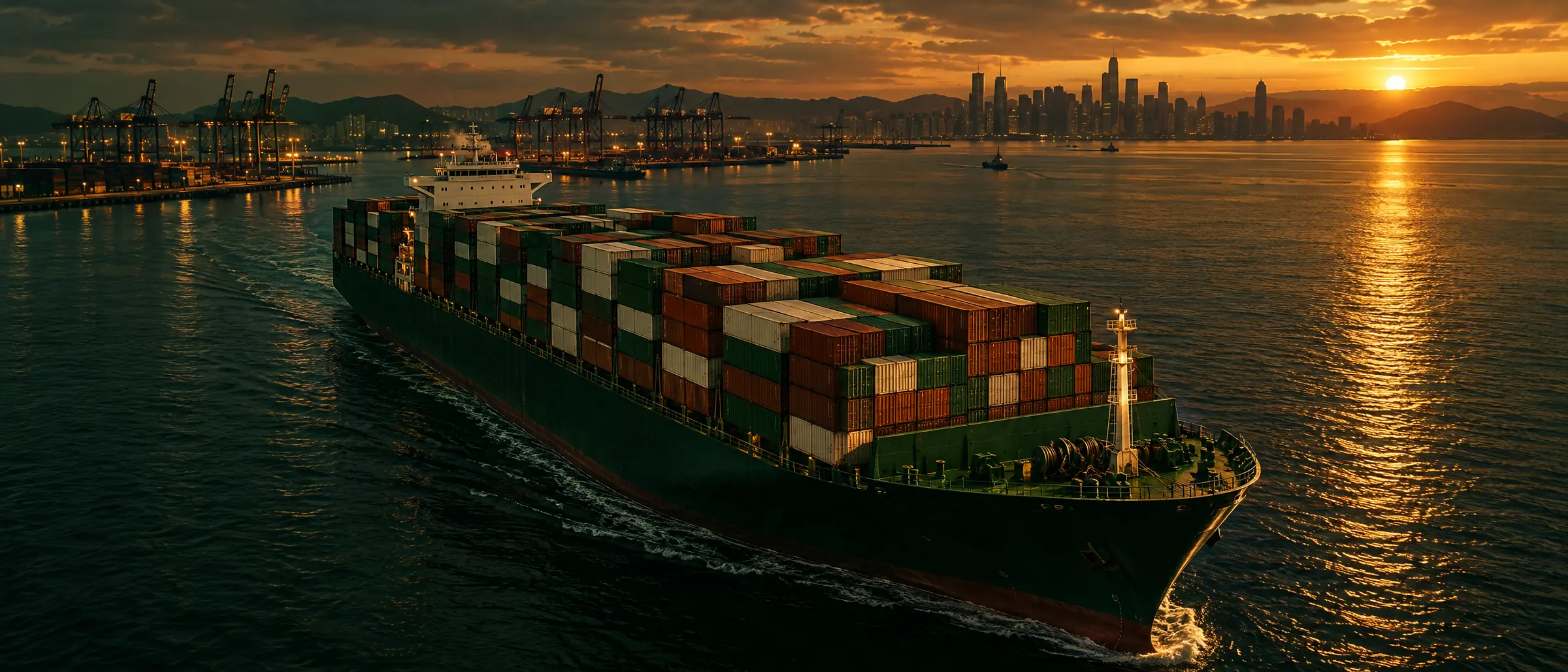 Container ship leaving port at dusk